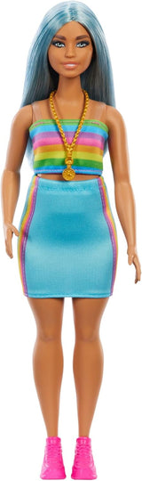 Barbie Fashionistas pop nr. 218 met lang blauw haar, regenboogtop en turquoise rok, verzamelmodepop voor de 65e verjaardag, HRH16 Naty Shop Dolls