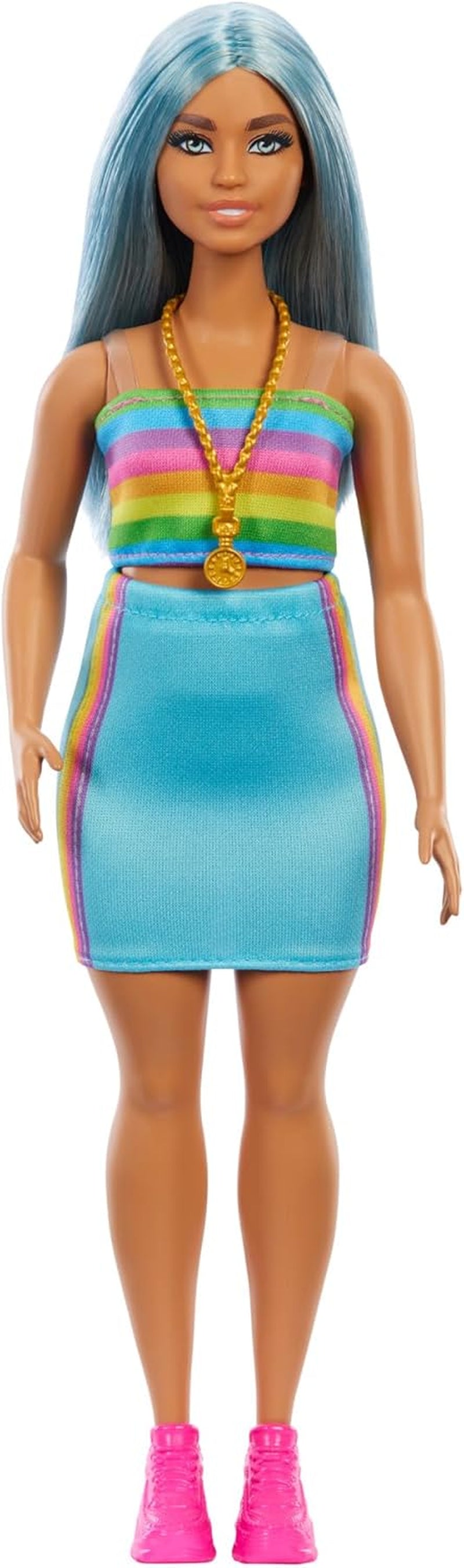 Barbie Fashionistas pop nr. 218 met lang blauw haar, regenboogtop en turquoise rok, verzamelmodepop voor de 65e verjaardag, HRH16 Naty Shop Dolls