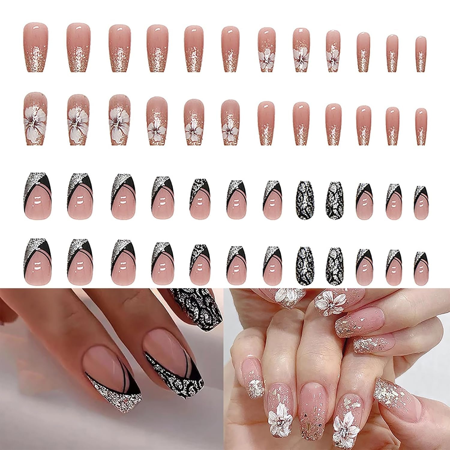 Kunstnagels Natuurlijke glitter Korte druk op acryl Zelfklevende glitternagels voor dames Meisjes Nagelkunstaccessoires 48 stuks