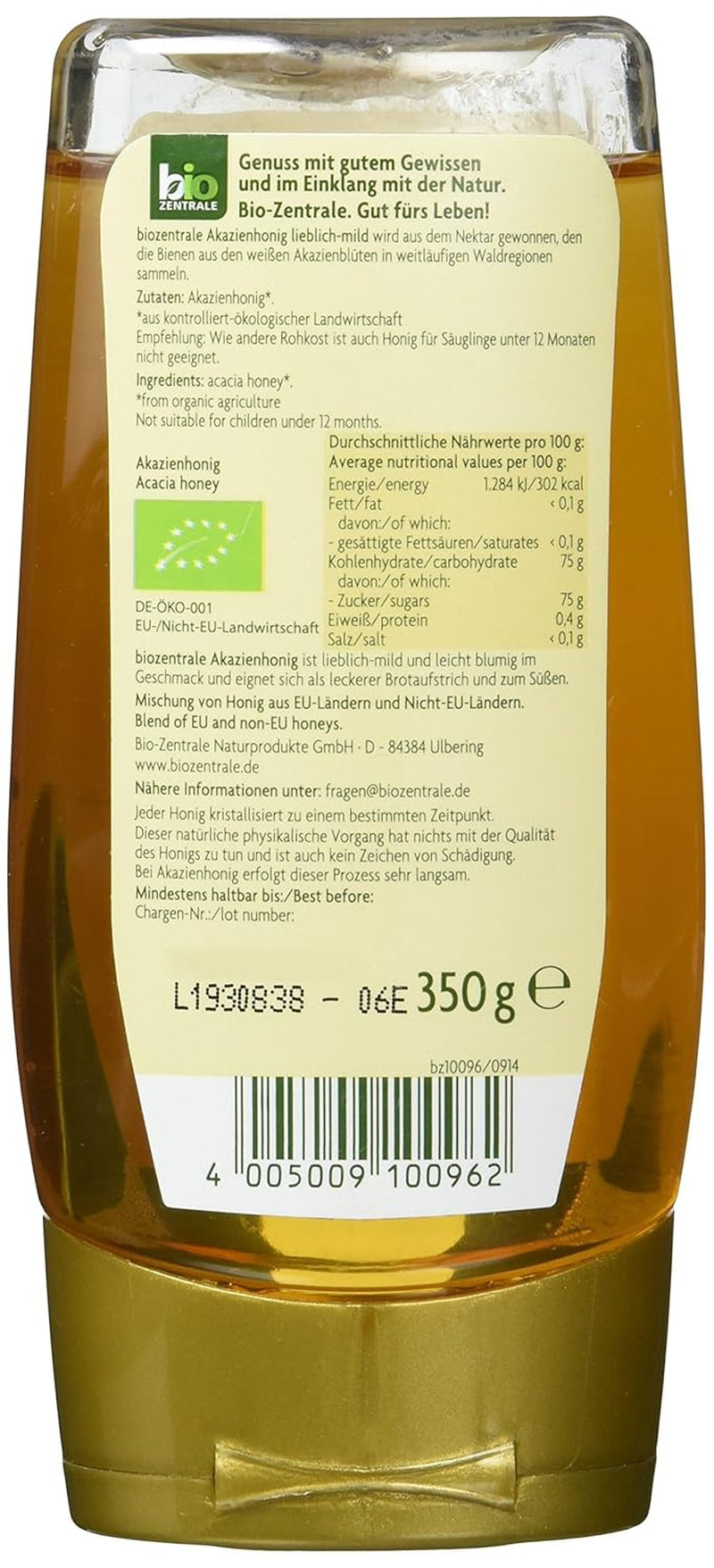 Biozentrale Biologische acaciahoning | 350 g Biologische honing van witte acaciabloemen | Ideaal als spread Biologische honing voor thee | Alternatief voor honingraathoning (2-pack)