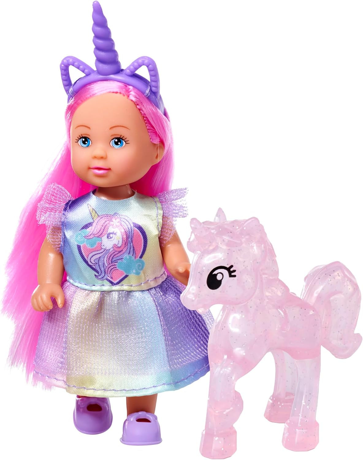 Simba Evi Love Eenhoorn speelpop met schattige eenhoornjurk met bijpassende hoofdband, inclusief een eenhoorn met stal, appels en een drinkfles, 12 cm, vanaf 3 jaar