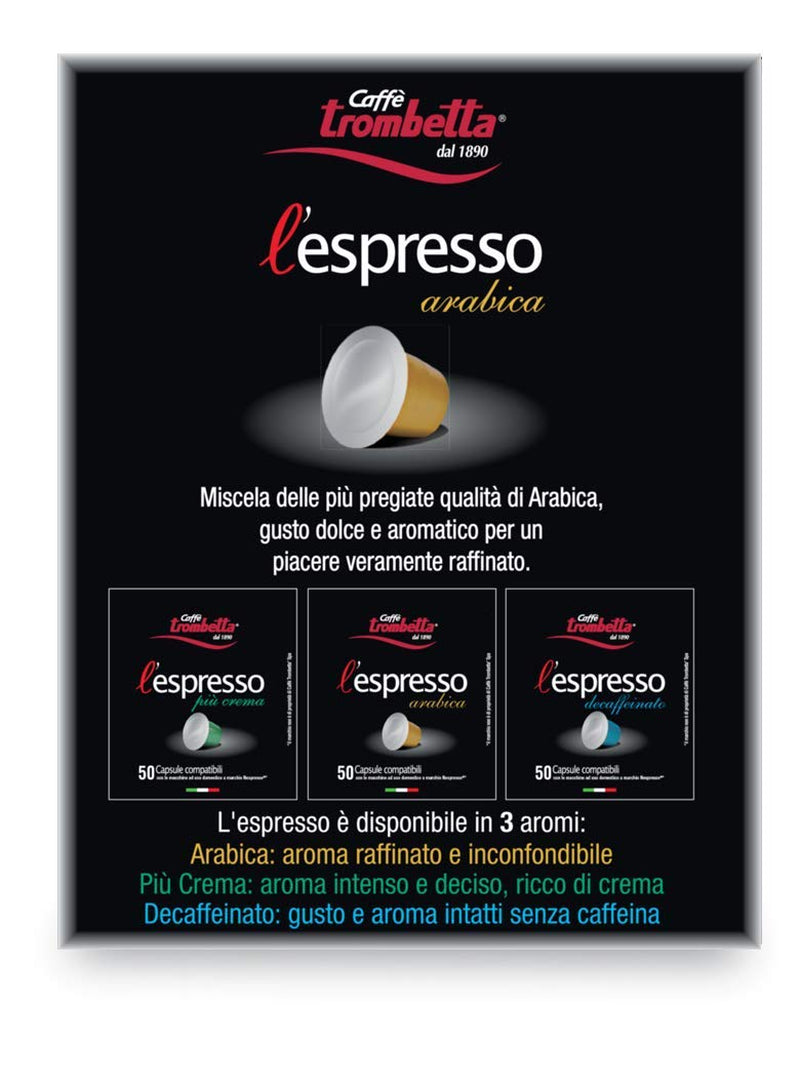 Caffè TROMBETTA L 'Espresso, Italiaanse Kaffee Nespresso compatibel Kapseln. Aus 100% Arabica met een volwaardige en körperreichen - 50 Kapseln, 50 Stück (1er Pack)
