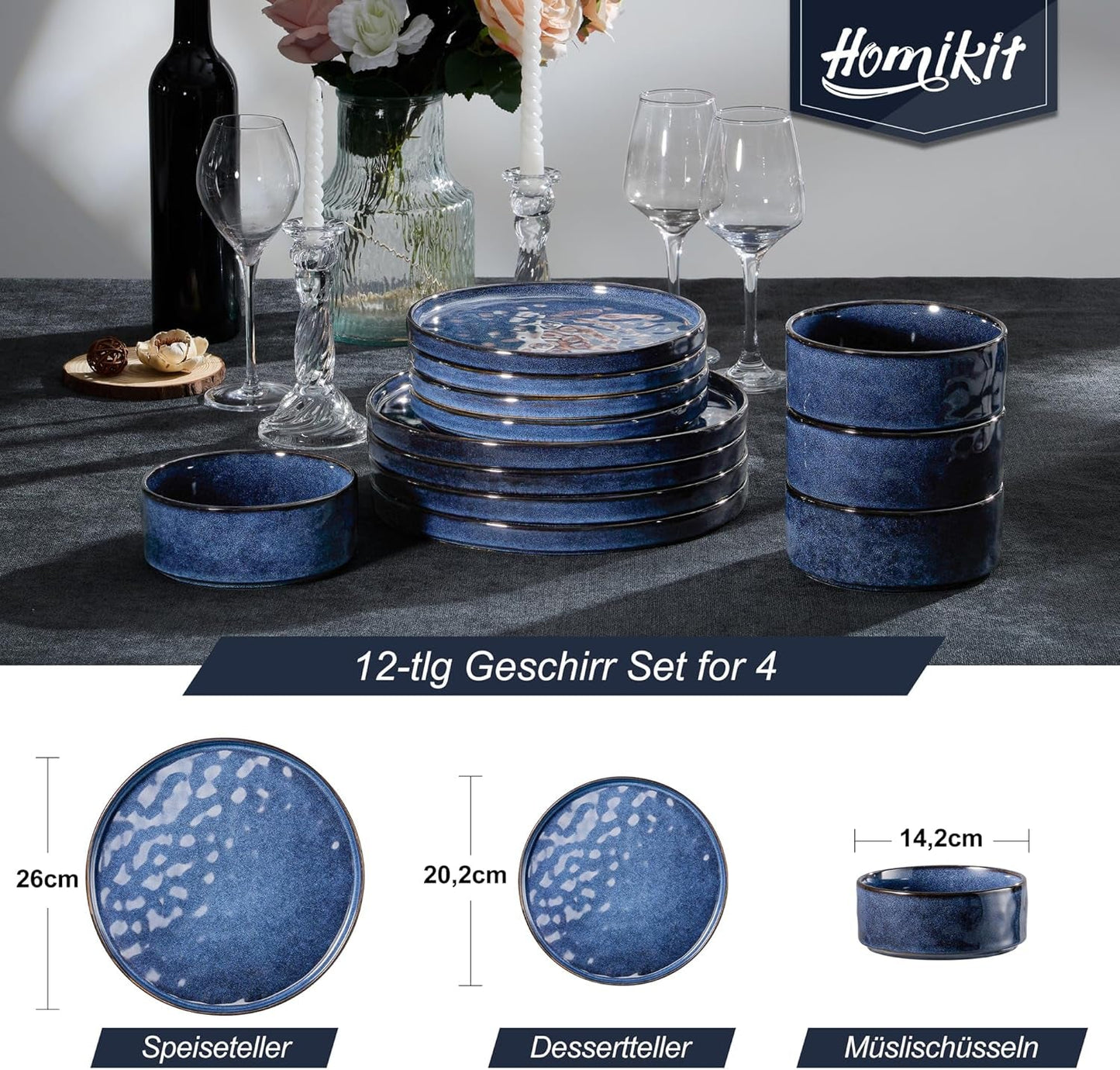Homikit serviesset, 12-delige serviesset voor 4 personen, serviescombinatie met borden, dessertborden en ontbijtgranenschalen, magnetron- en vaatwasserbestendig, elegant blauw