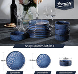 Homikit serviesset, 12-delige serviesset voor 4 personen, serviescombinatie met borden, dessertborden en ontbijtgranenschalen, magnetron- en vaatwasserbestendig, elegant blauw