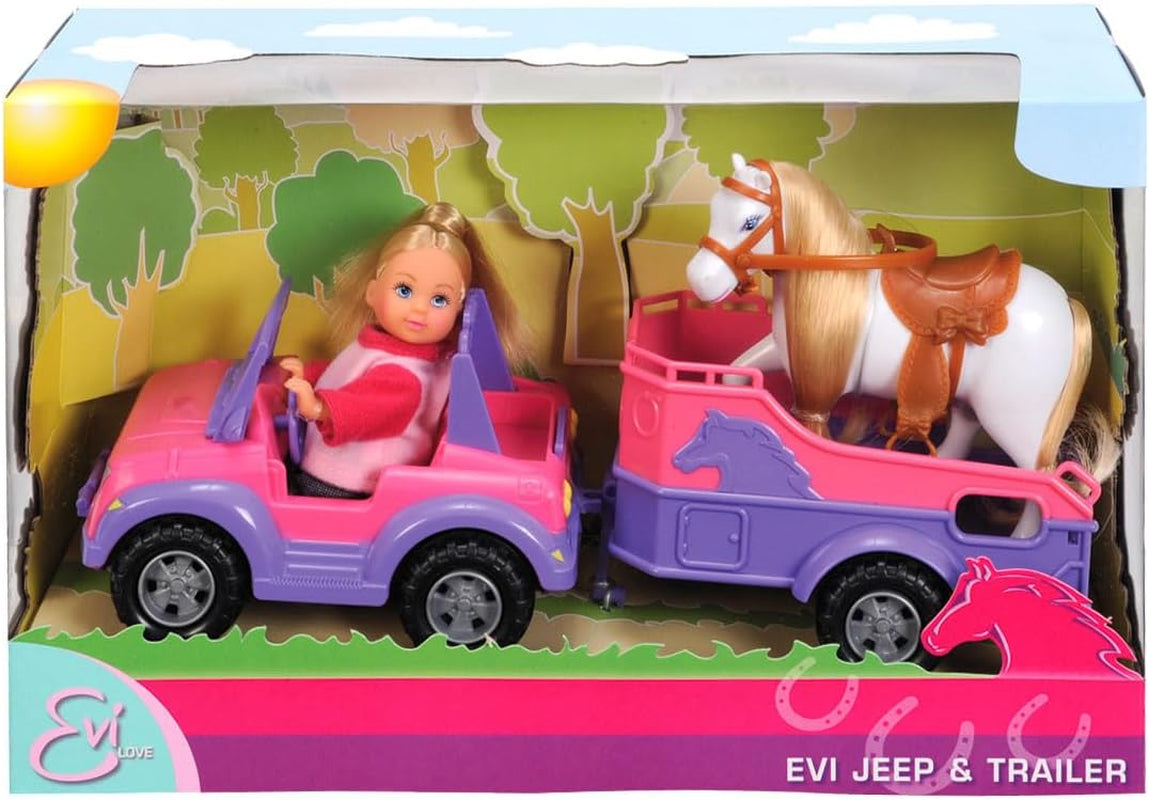 Simba 105737460 - Evi Love Evi paardentrailer met roze jeep, paars paard en ponyhanger, aankleedpop, 12 cm, vanaf 3 jaar poppen Naty Shop standaardtitel
