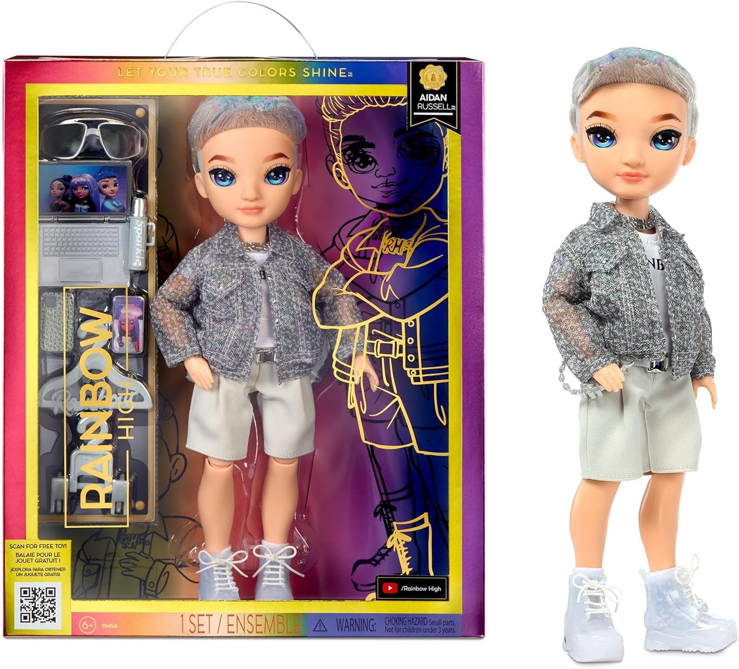 Rainbow High Fashion Doll - Aidan Russell - Paarse jongenspop - Modieuze outfit en 10+ kleurrijke speelaccessoires - voor verzamelaars en kinderen van 4-12 jaar