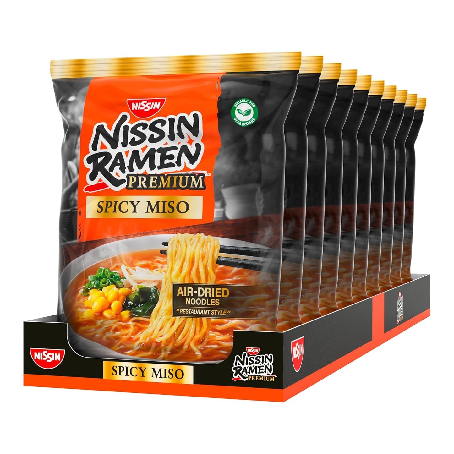 Nissin Ramen Premium - Miso Spicy 10-pack Japanse stijl luchtdroge instantnoedels voor 'restaurantstijl' Ramen met een licht pittige smaak van miso en wakamevlokken (10 x 90,7 g)