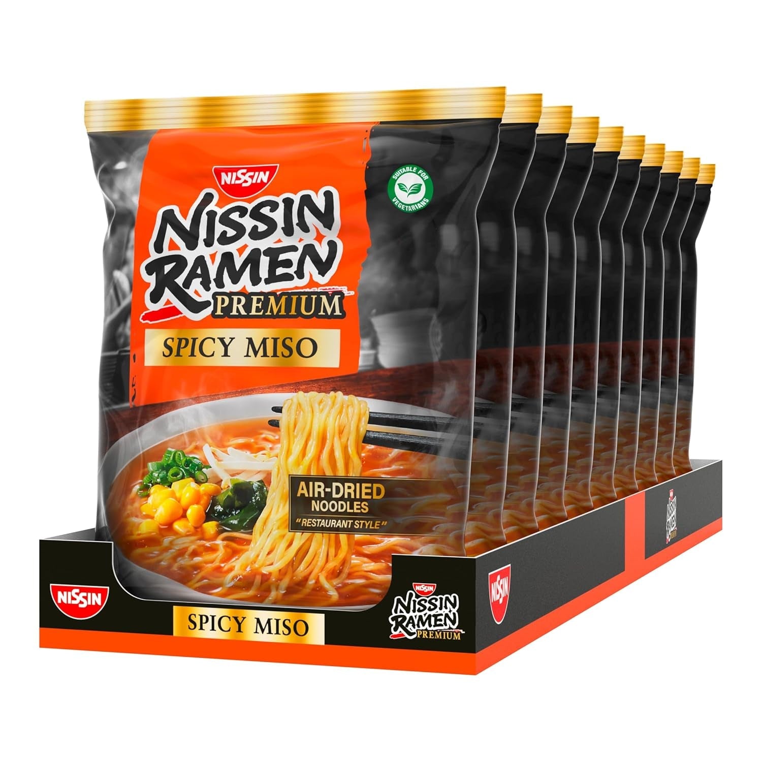 Nissin Ramen Premium - Miso Spicy 10-pack Japanse stijl luchtdroge instantnoedels voor 'restaurantstijl' Ramen met een licht pittige smaak van miso en wakamevlokken (10 x 90,7 g)