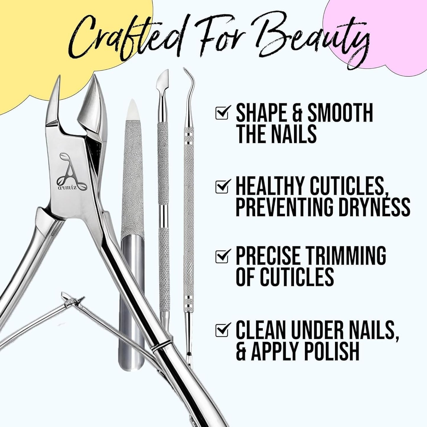 ARMIZ 4-delige nagelriemschuiver en tangenset, professionele nagelriemverwijderaarset, roestvrijstalen multifunctionele manicure-pedicuretang
