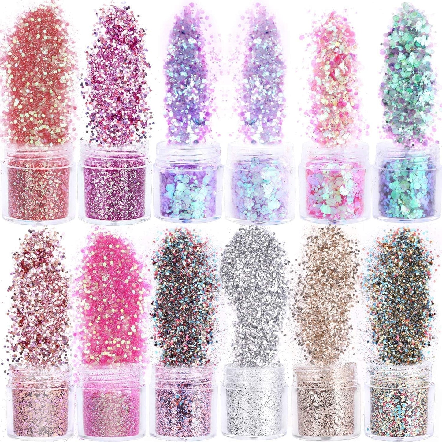 HOWAF 12 Dozen Nagelglitter Gezicht Lichaamsborstel Glittermake-up Nagelglitter Oog Lip Haar Lichaamsdecoratie Halloween Kerstfestival Maskerade Make-up Accessoires