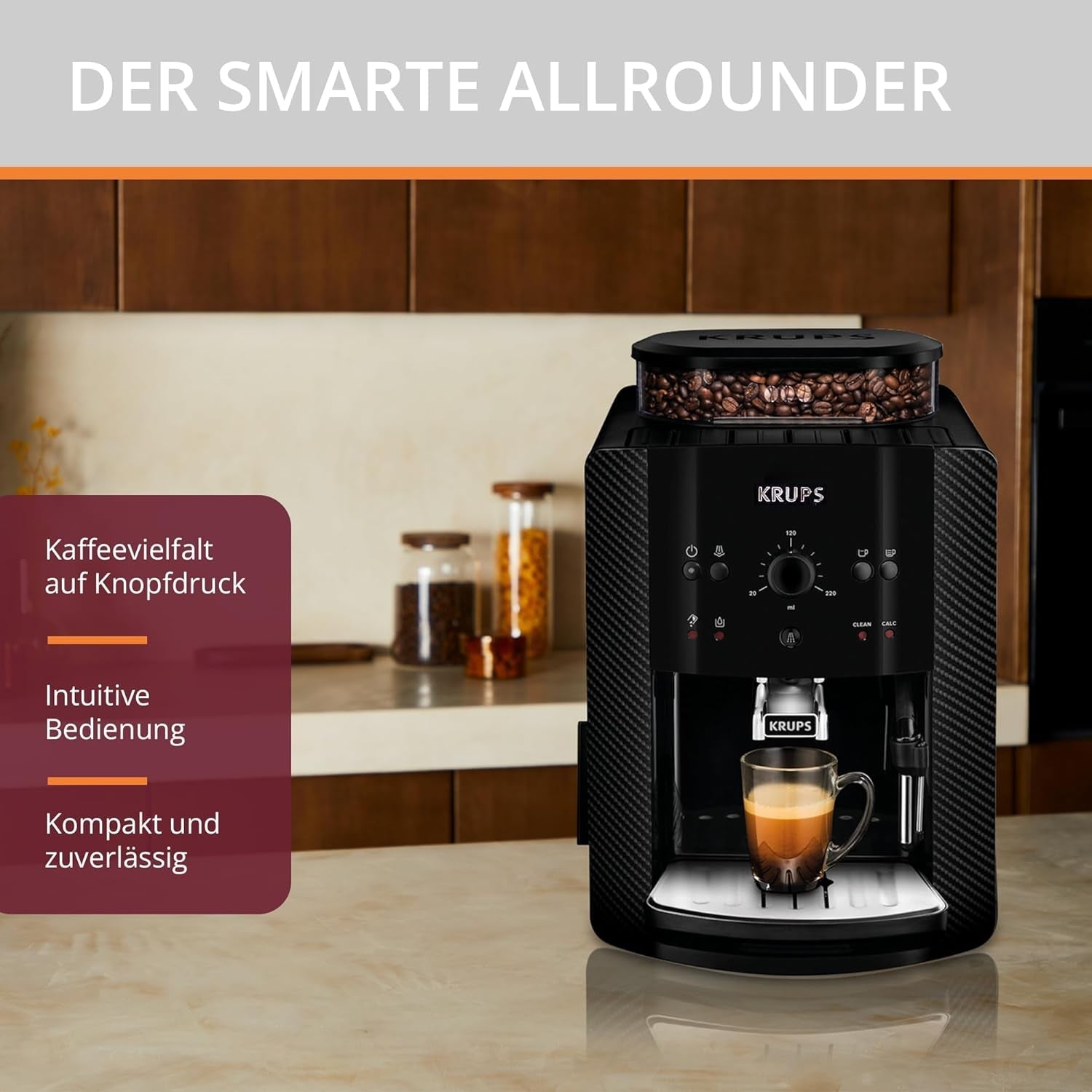 KRUPS Arabica Picto automatische espressomachine, compact ontwerp, eenvoudig te gebruiken, intuïtief verstelbare draaibediening, melkopschuimer, 2-kops functie, espressomachine, zwart, EA810870