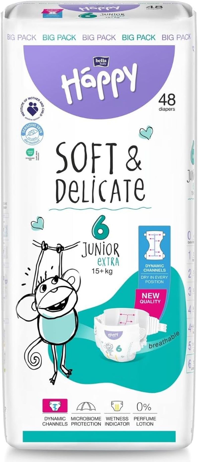 Bella Baby Happy Premium Luiers, Maat 6, Junior Extra, 15+ kg, 96 stuks, DERMATEST en OEKO-TEX Seal, Wegwerpluiers