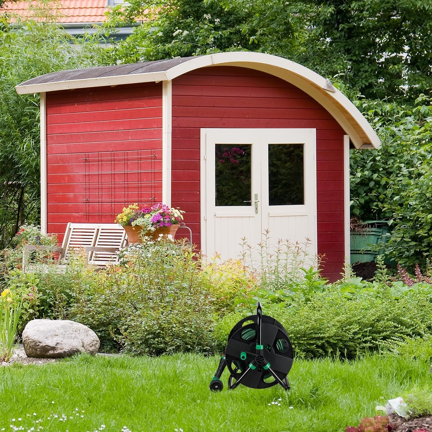 Relaxdays slanghaspel, lege waterslanghaspel, voor 30m 1/2" tuinslang, hoogte-breedte 39 x 43 x 30 cm, zwart-groen
