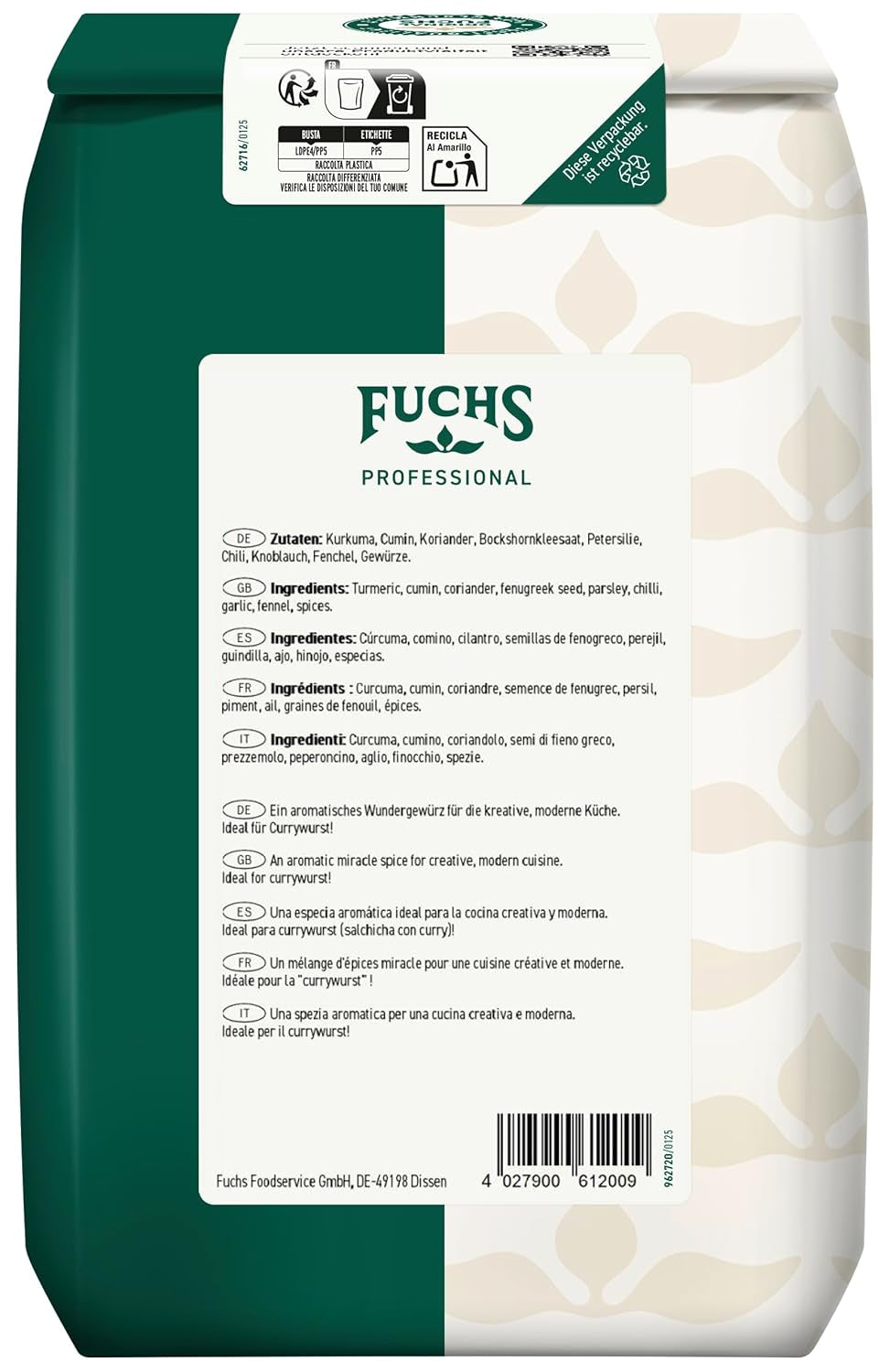 Fuchs Professional - Curry Engelse stijl "Goldelephant" | Zum Würzen von Suppen, Saucen und Reisgerichten | Profi-Kwaliteit voor Großverbraucher en Gastronomie | 1 kg im recycleerbare zak