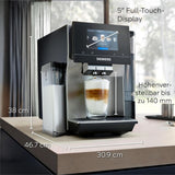 Siemens EQ700 volautomatische espressomachine, groot kleuren TFT scherm, 36 warme en koude dranken, cold brew, 2 kops functie, app bediening, automatisch reinigingssysteem, zwart RVS, TQ717D03
