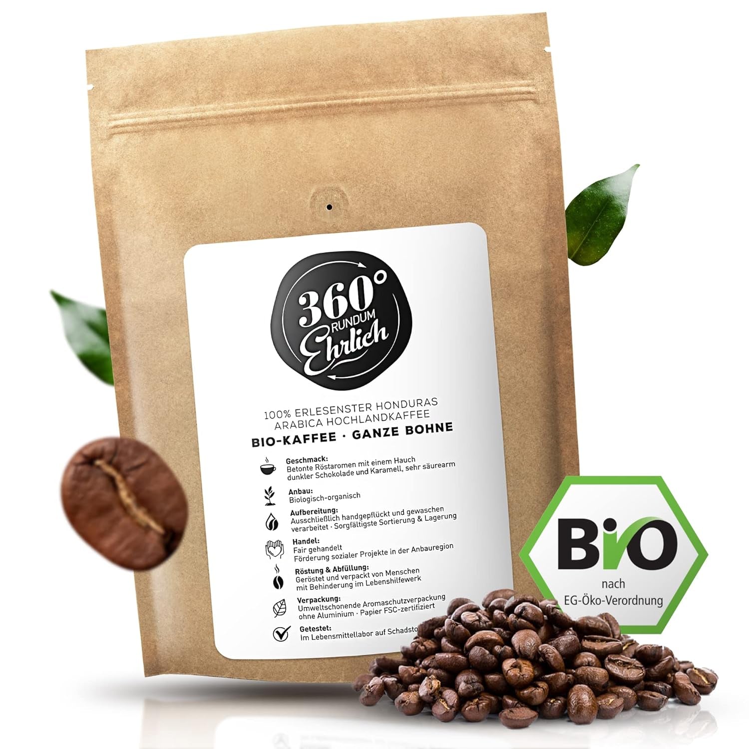Premium Bio Kaffeebohnen 1000g, 100% Honduras Hochland Arabica Kaffeebohnen Bio - Köstlich, mild, säurearm - Bio Kaffee ganze Bohnen - Ideaal als Kaffeebohnen Vollaautomat - 360° Rundum Ehrlich