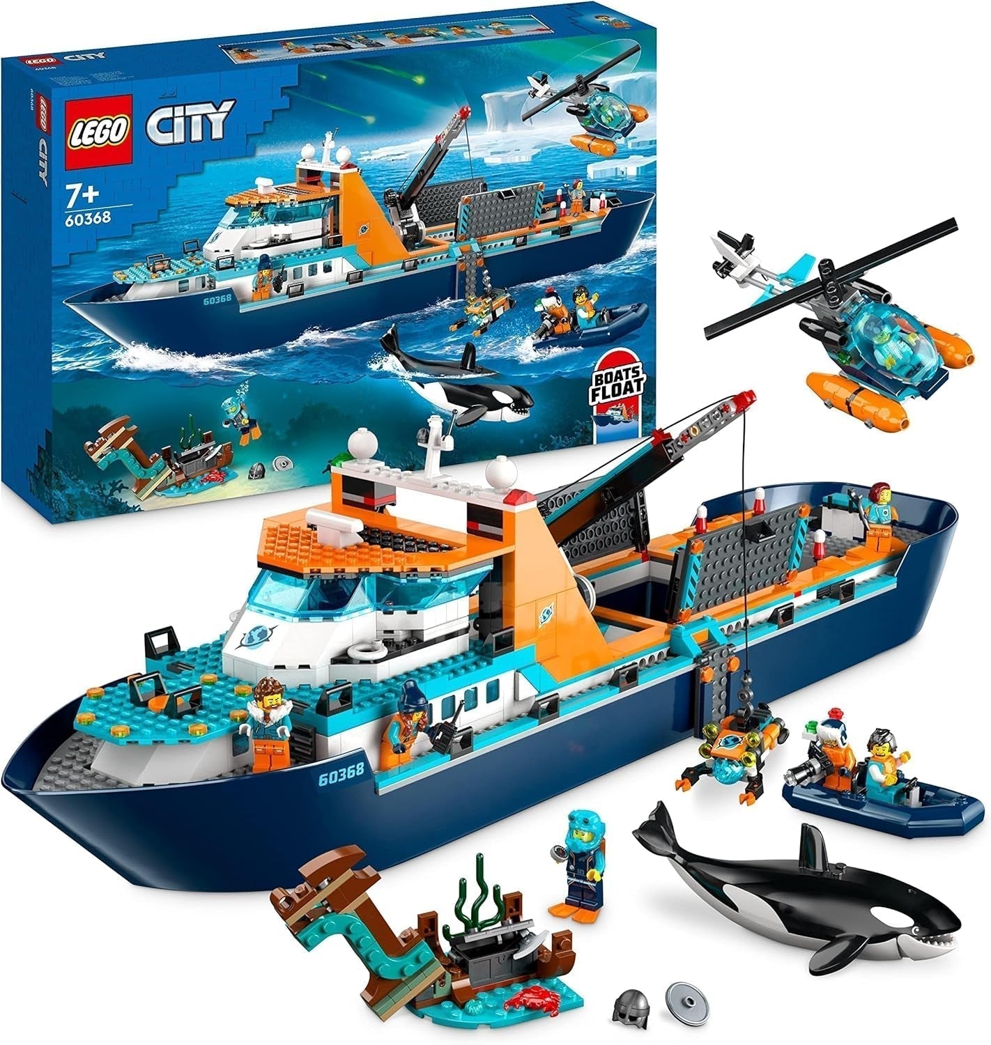 LEGO City Poolonderzoeksschip, grote drijvende speelgoedboot met helikopter, opblaasbare boot, Rov-onderzeeër, Vikingwrak, 7 minifiguren en orka-figuur, cadeau voor 7+ kinderen 60368 Bouwsets Besuche in LEGO-Store Single