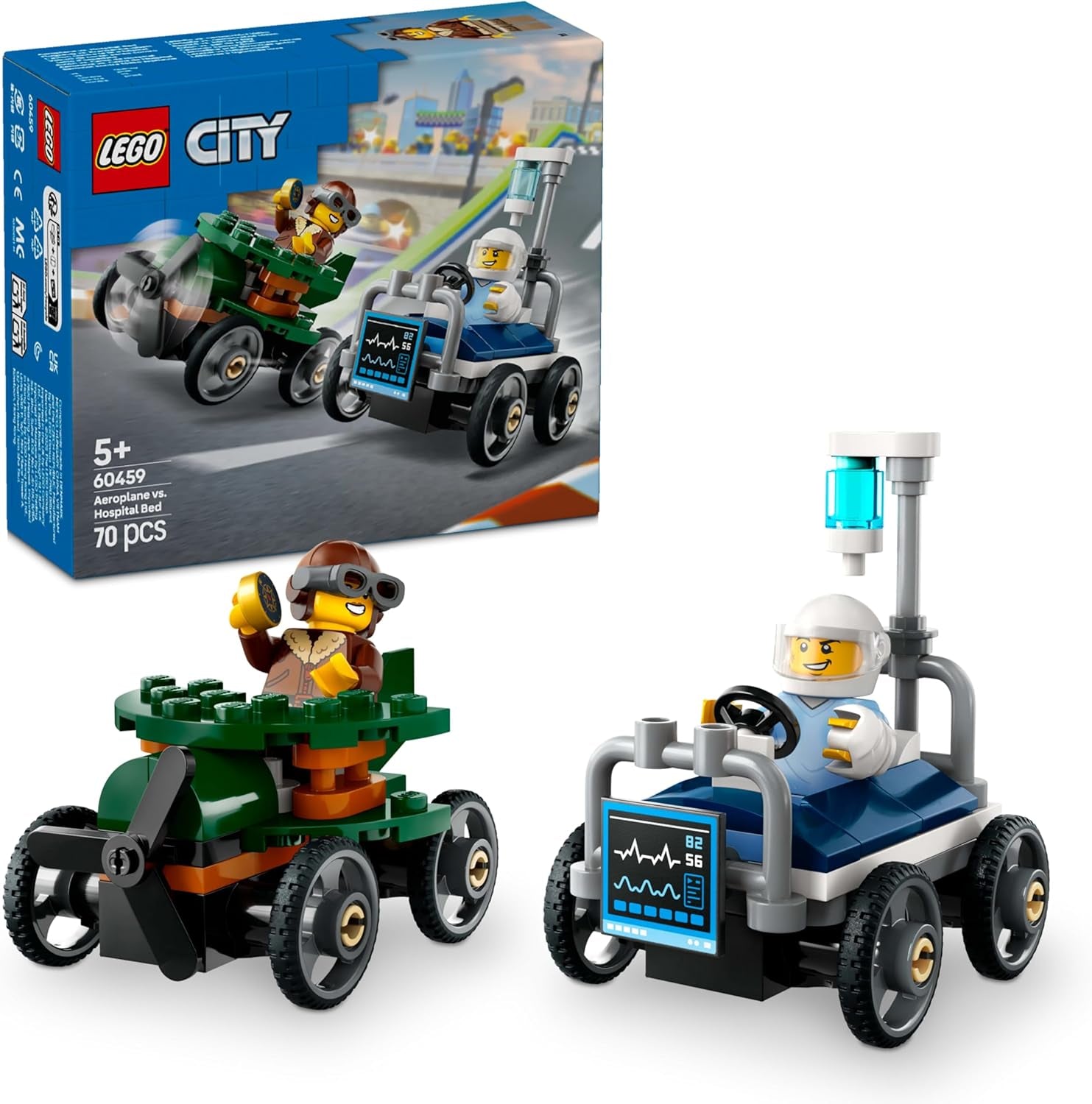 LEGO City Vliegtuig Vs. Ziekenhuisbed Raceautoset - Zeepkist speelgoed voor jongens en meisjes vanaf 5 jaar - Bouwset met 2 minifiguren - Verjaardags- en feestdagencadeau 60459 Bouwsets Besuche den LEGO-Store Standaard titel