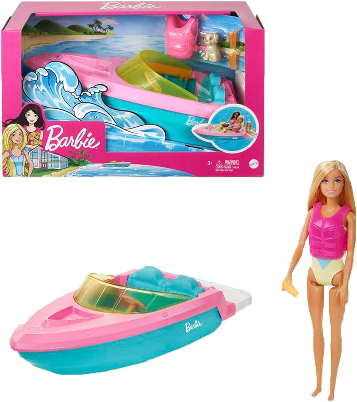 Barbie Speedbootset, Barbie-pop met blond haar, roze reddingsvest, boot, puppy, accessoires, cadeaus voor 3+, Grg30 Naty Shop Dolls Barbie Speedbootset