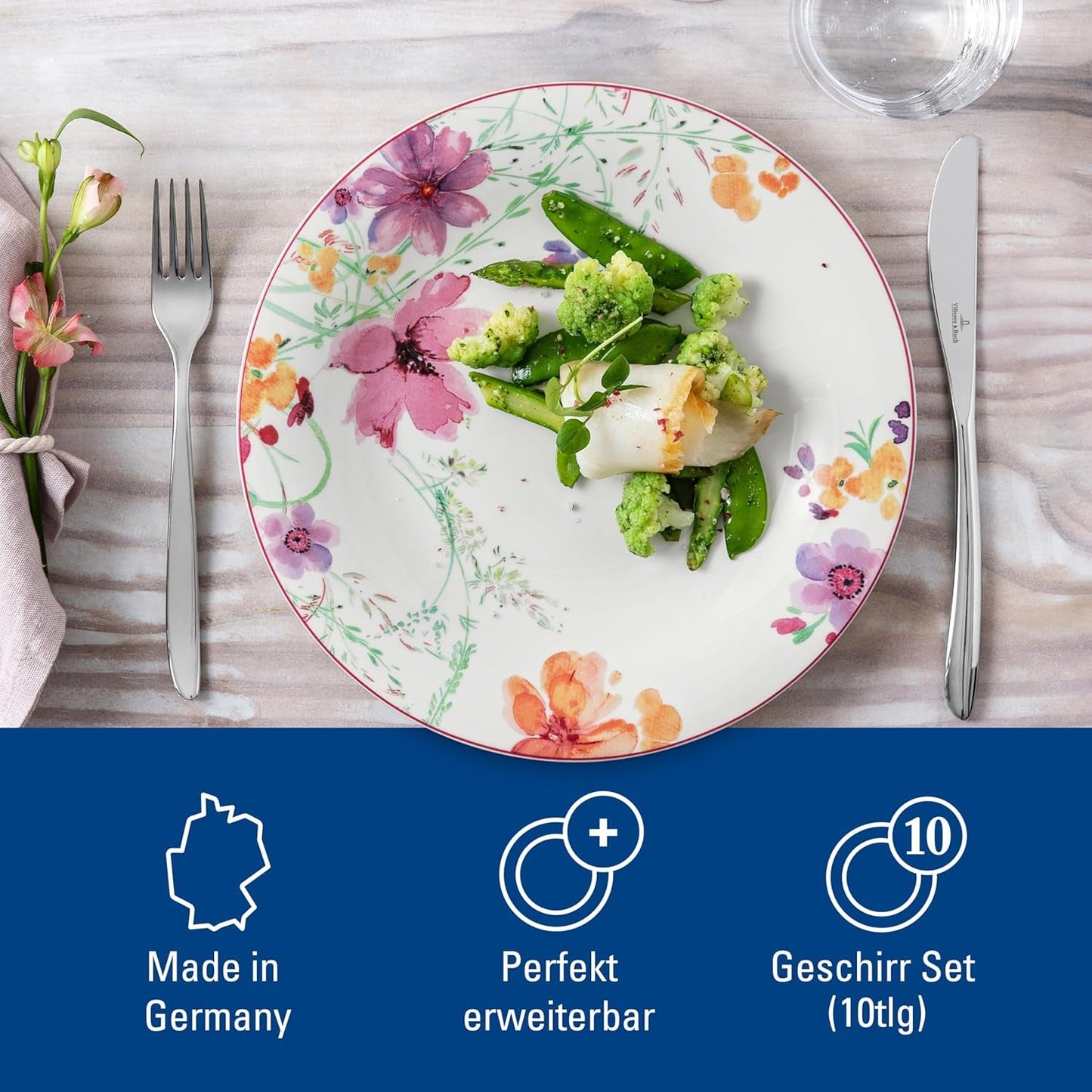 Villeroy & Boch Mariefleur Starterset, Diverse Kleuren, Vaatwasmachinebestendig, Magnetronbestendig, Serviesset voor 2 personen, Bloemenserviesset, Serviesgoed, Combinatieset, Premium Porselein