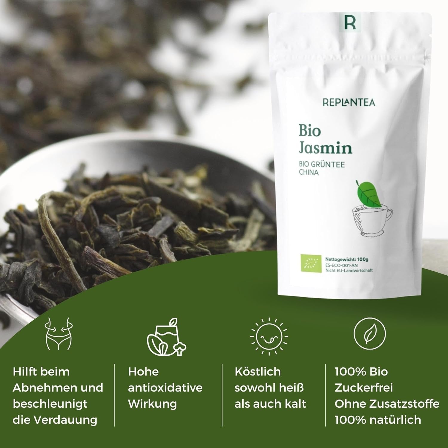 Biologische groene thee met jasmijn 100 g (50 kopjes) | Jasmijnthee uit China in bulk, biologische kwaliteit REPLANTEA