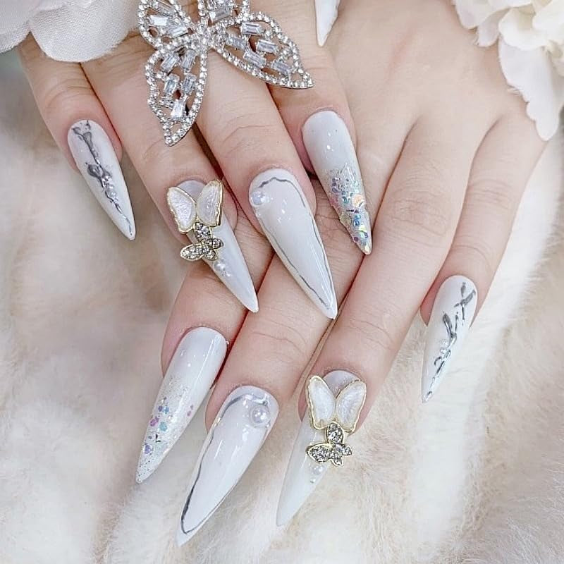 Mouyuglow Lange nagels Stiletto Melkwit Gradiënt Roze Glitter Cool Nepnagels met lijm Roze Ombre Glitter Kunstnagels