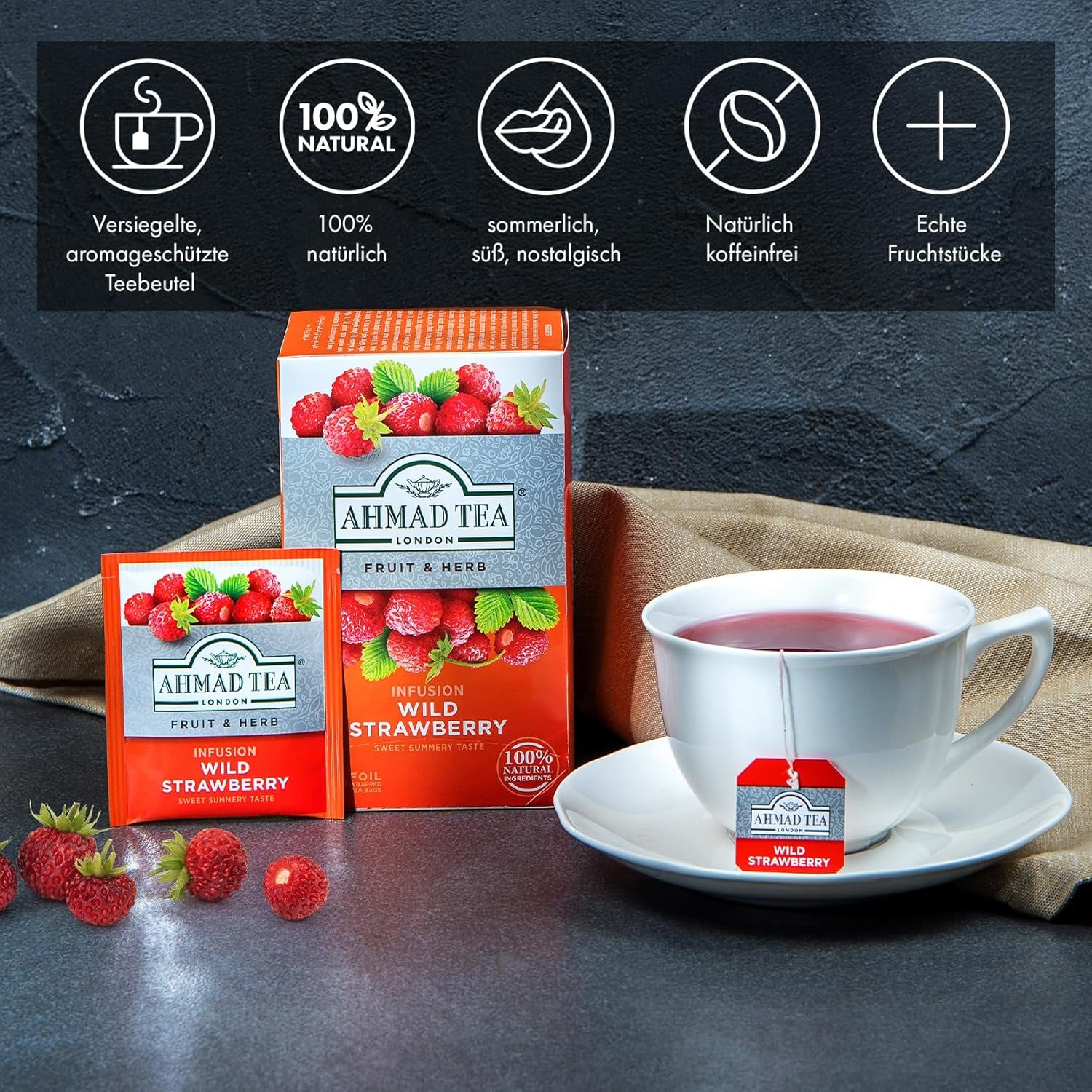 Ahmad Tea - Wilde Aardbei - Cafeïnevrije fruit- en kruidenthee - Aardbei - Smaakverzegelde, individueel verpakte theezakjes met 2 g thee per portie - 20 theezakjes met bandjes