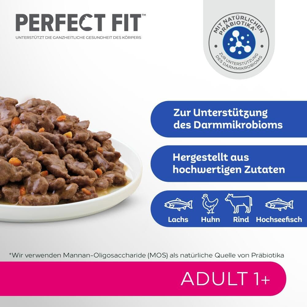 Perfect Fit Adult 1+ selectie natvoer met zalm, diepzeevis, rundvlees en kip, 48 zakjes, 12x85g (4 stuks) - Premium natvoer voor volwassen katten vanaf 1 jaar