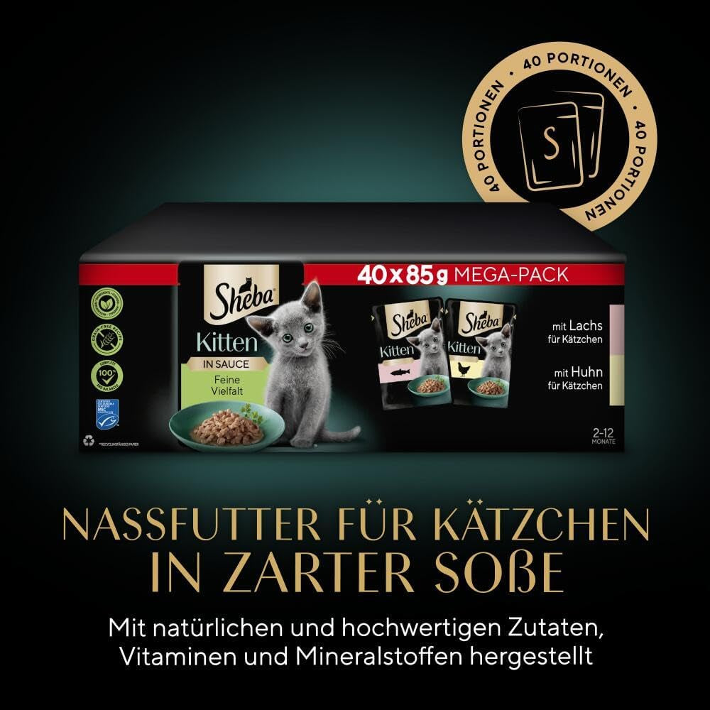 Sheba natvoer voor kittens, in diverse zakjes, met zalm (MSC) en kip in saus, multipack 40x85g