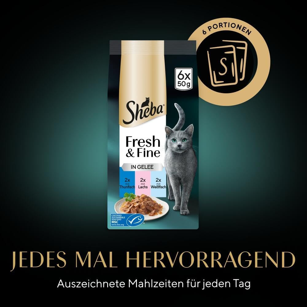 Sheba Portion Pouches Natvoer voor katten, Multipack Fresh & Fine in gelei met MSC tonijn en zalm, 6x6x50g - Gezonde maaltijden voor katten met gelei