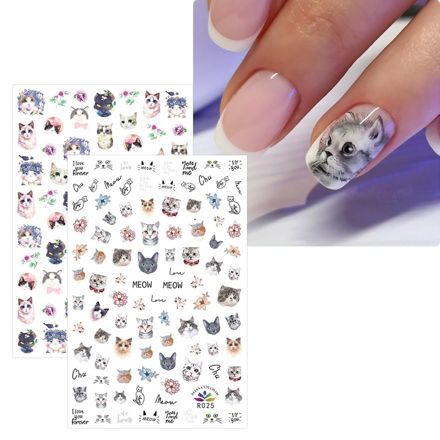 JMEOWIO Nagelsticker Tierische 8 Blatt Nail Art Sticker Selbstklebend Nagelaufkleber Katze Niedlich Decoratie Nageldesign Zubehör