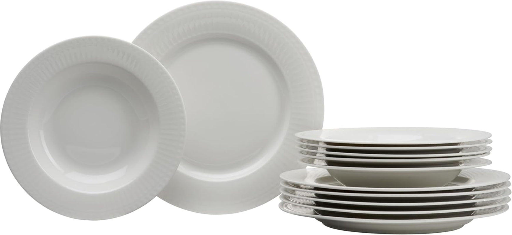 Ritzenhoff & Breker Sofia Tafelservice 12-teilig, Speiseteller (26 cm) en Suppenteller (22 cm) voor 6 personen, Tafelset met feinem Rillenrelief, Fine-Dining-Geschirr, Porzellan, Weiß