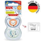 NUK Space Night-fopspenen, 0-6 maanden, extra grote ventilatieopeningen, Glow in the Dark, BPA-vrije siliconen, vos en lieveheersbeestje, 2-pack