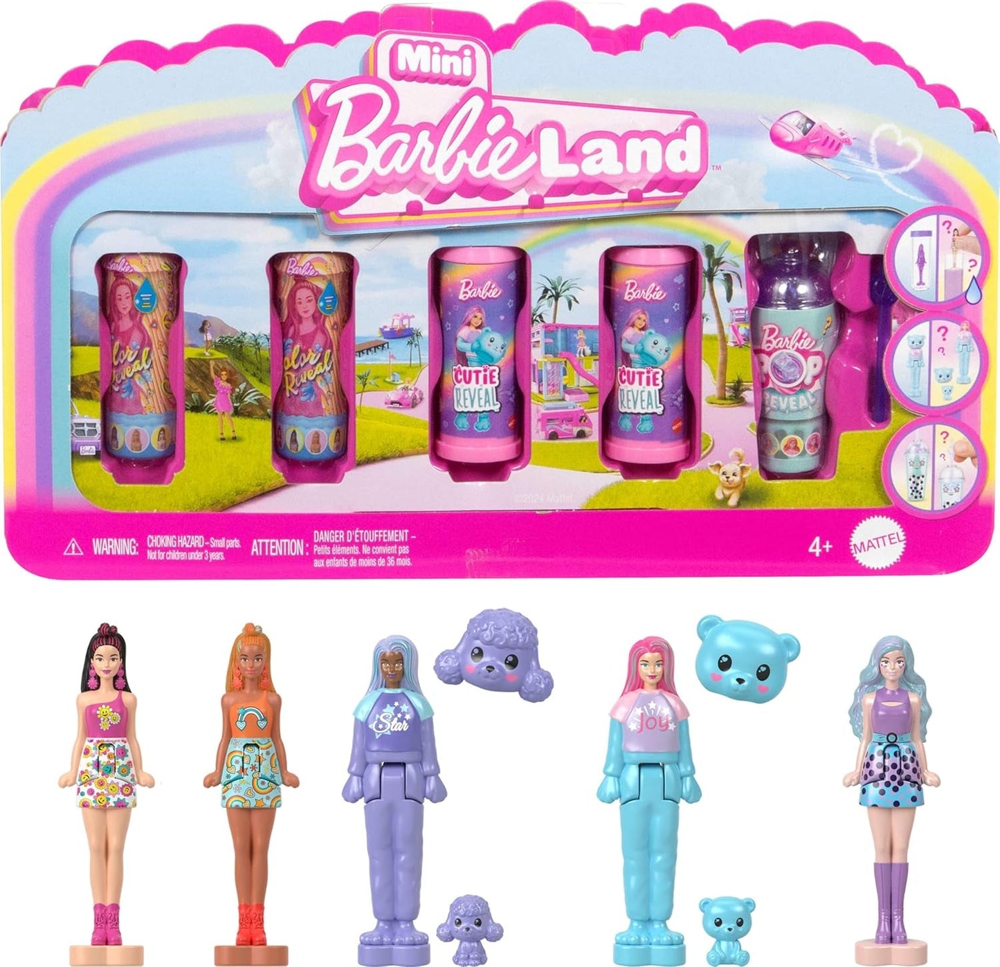 Barbie Mini Barbieland set van 5 fashionista's poppen, ca. Mini-poppen van 3,8 cm hoog in lippenstiftmouwen, verrassingscollectieset (stijlen kunnen variëren), JBD26 Naty Shop-poppen, 4 stuks