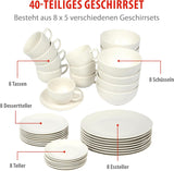 alpina Geschirrset 8 Personen - 40-teiliges Steingut Geschirr - Teller Set mit Speiseteller, Schalen en Kaffeebecher - Camping Geschirr - Mikrowelle- en Spülmaschinengeeignet - Weiß