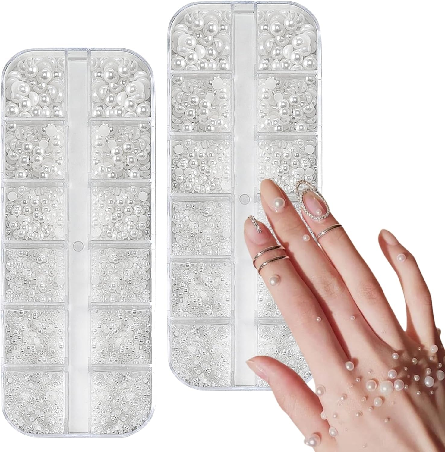12 Größen Nail Art Perlen, Flache Perlen, Nail Art Accessoires, Halbkreis Nagelperlen, Weiße Nail Charms en Glitzersteine ​​​​Nägel voor Nail Art Design, DIY Basteln, Alltag, Hochzeit (2 dozen)