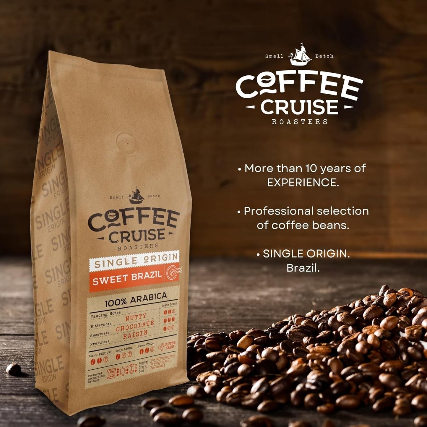 KOFFIECRUISE Sweet Brazil Brasilianische Kaffeebohnen 1kg - Mittlere Röstung - Aroma Kakao en Schokolade - Für All Kaffeemaschinen - 100% Arabisch