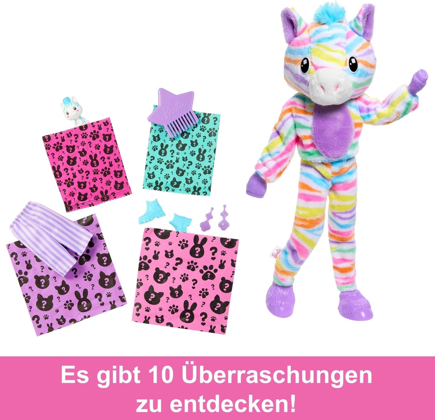 Barbie Cutie-onthullingspop en accessoires, regenboogzebra-pluche outfit en 10 kleurveranderende verrassingen, Color Dream-reeks, HRK39