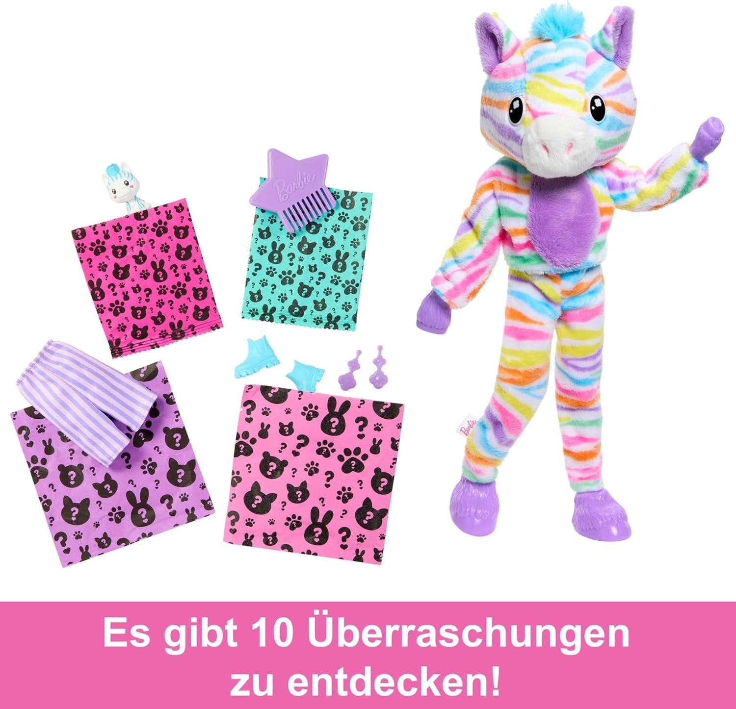 Barbie Cutie-onthullingspop en accessoires, regenboogzebra-pluche outfit en 10 kleurveranderende verrassingen, Color Dream-reeks, HRK39