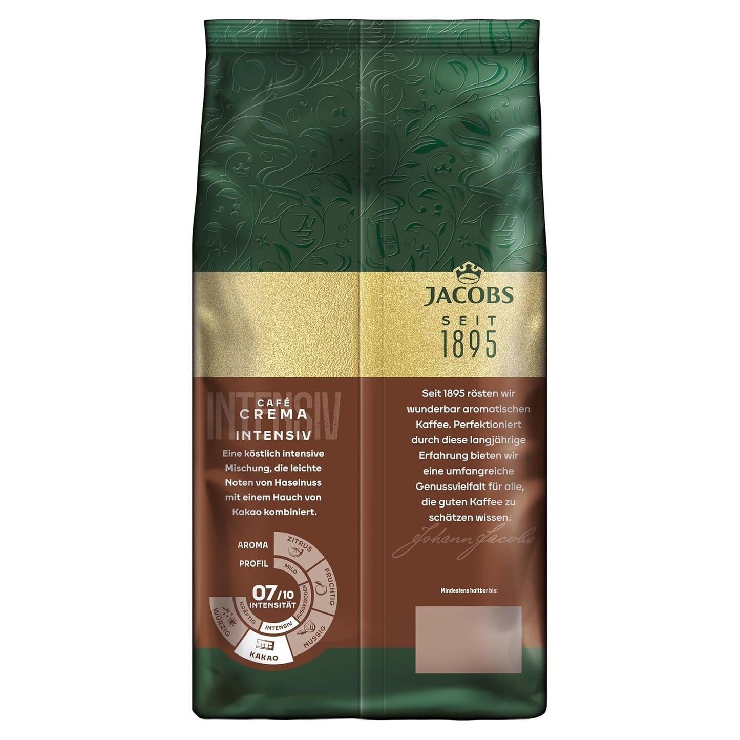 Jacobs Kaffeebohnen Café Crema Intense, intensief met Kakao- & Nussnote, geröstet in Bremen, Intensität 7/10, Kaffee ganze Bohnen, 1 kg