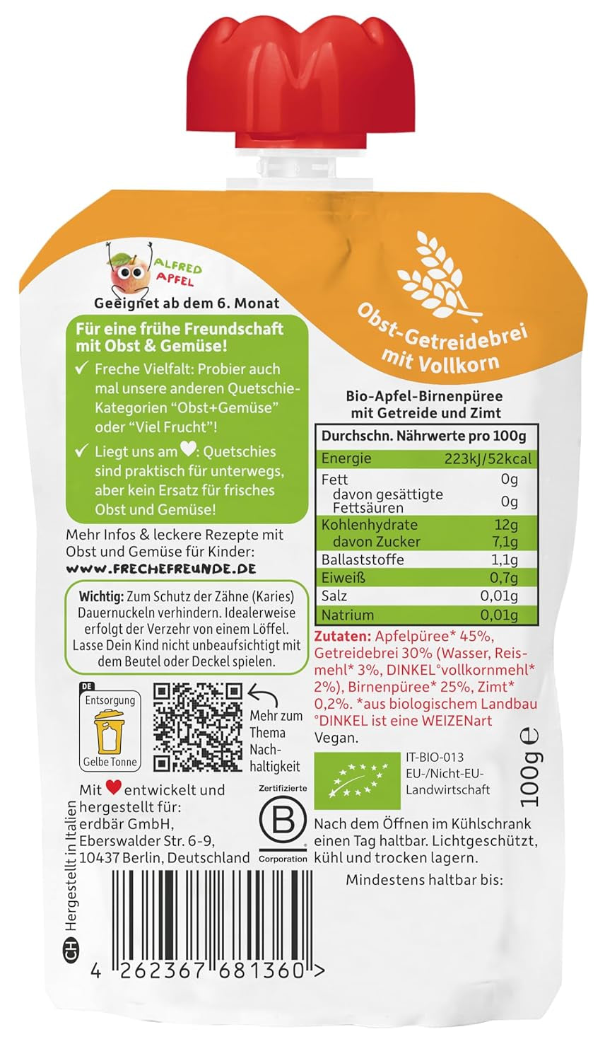 FRECHE FREUNDE Biologisch uitknijpbaar fruitzakje Appel Kaneel Peer Rijst Speltfruitpuree met granen voor baby's vanaf 6 maanden + Veganistisch 6-pack (6 x 100 g)