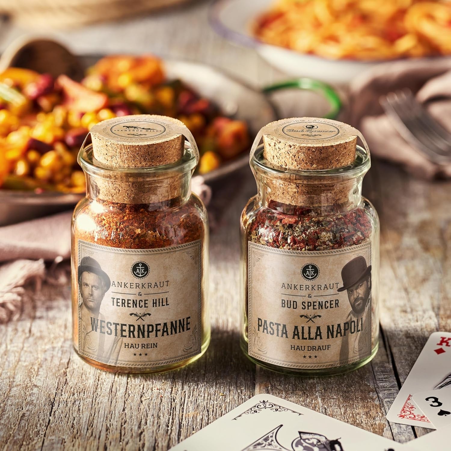 Ankerkraut Bud Spencer & Terence Hill Bagaluten Gewürz-Box, met Westernpfanne en Pasta alla Napoli, Geschenkset, lecker kochen, 195 g Gewürze Inhalt
