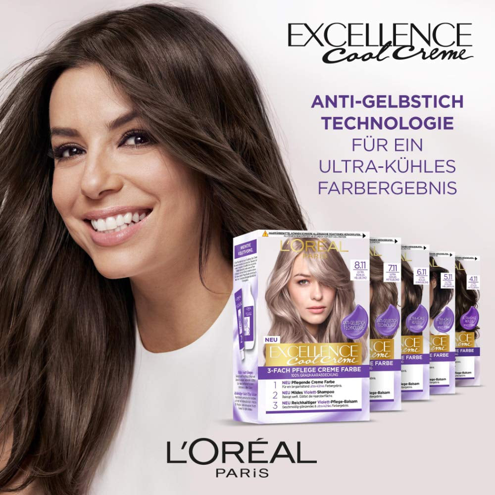 L'Oréal Paris Permanente haarverf met ultrakoel kleurresultaat, 100% dekking van grijs haar, set met kleuring, shampoo en verzorgende crème, Excellence Cool Creme, No. 7.11 Ultracool middenblond (Blond) Naty Shop haarverf