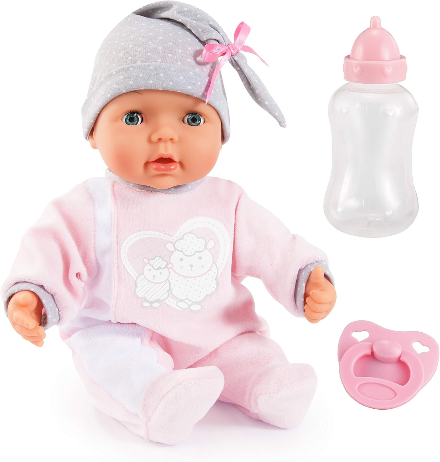 Bayer Design 93829AA My Piccolina interactieve pop met functie, Pratende pop, Beweegt mond, 38 cm, Fopspeen, Babyfles, Roze, Grijs