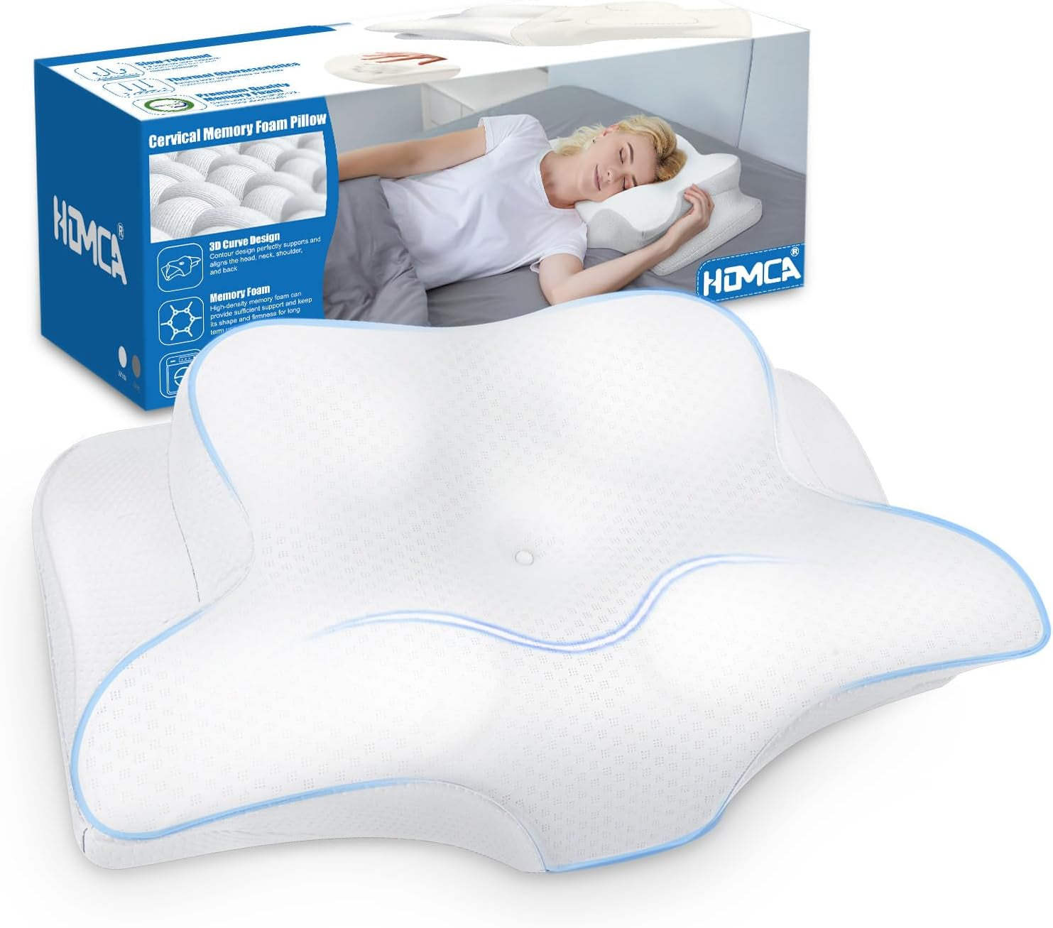 HOMCA nekkussen kussen, traagschuim ergonomisch kussen 3D koelkussenhoes voor rug-, zij- of buikligging, 62 x 41 x 9,5/12,5 cm Cervicale orthopedische kussens Naty Shop Wit