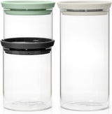Brabantia - Stapelbare glazen container met deksel - Set van 3 - Voedselopslag - Houdt voedsel langer vers - Siliconen afdichting - Vaatwasmachinebestendig - Donkergrijs/Lichtgrijs/Jadegroen - 0,3L/0,6L/1,1L Voedselbewaardozen Naty Shop Standaardtitel
