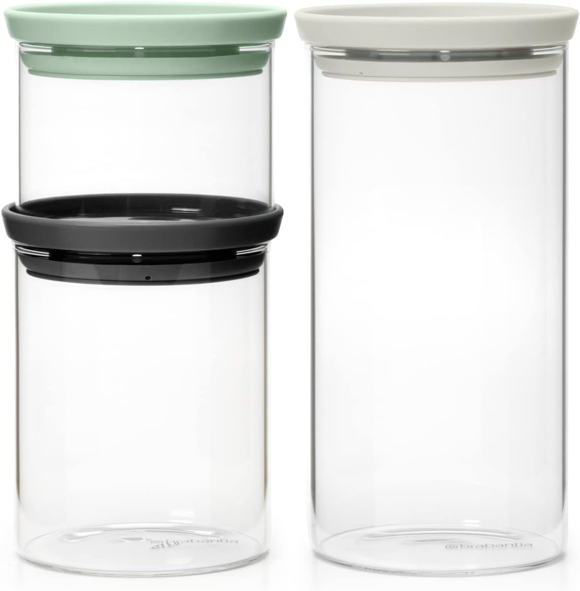 Brabantia - Stapelbare glazen container met deksel - Set van 3 - Voedselopslag - Houdt voedsel langer vers - Siliconen afdichting - Vaatwasmachinebestendig - Donkergrijs/Lichtgrijs/Jadegroen - 0,3L/0,6L/1,1L Voedselbewaardozen Naty Shop Standaardtitel