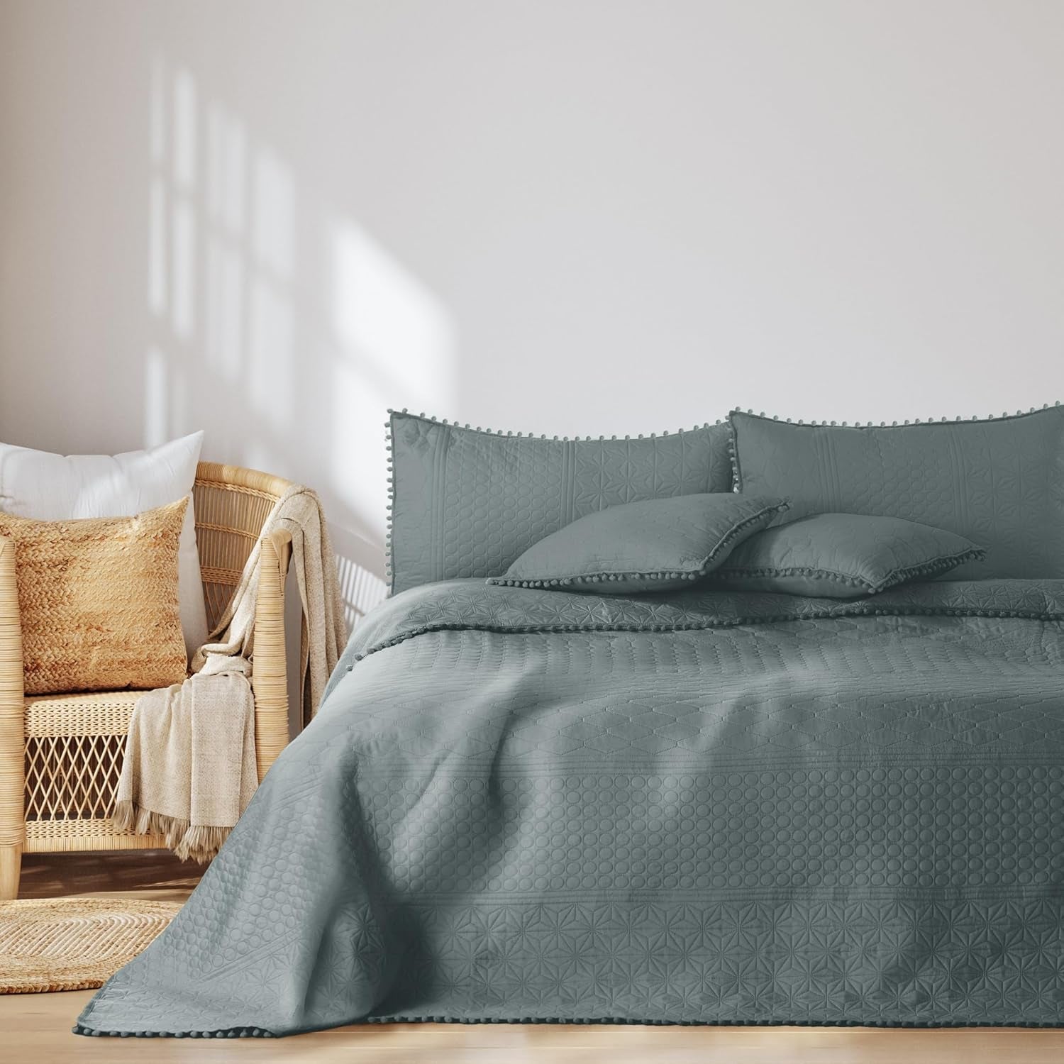 Ameliahome Sprei met pompons 220X240 Cm Dubbelzijdige sprei Ultrasoon Quilten Polyester Meadore Grijs Bedden en Dekens Besuche den AmeliaHome-Store Meadore grijs 220X240 Cm