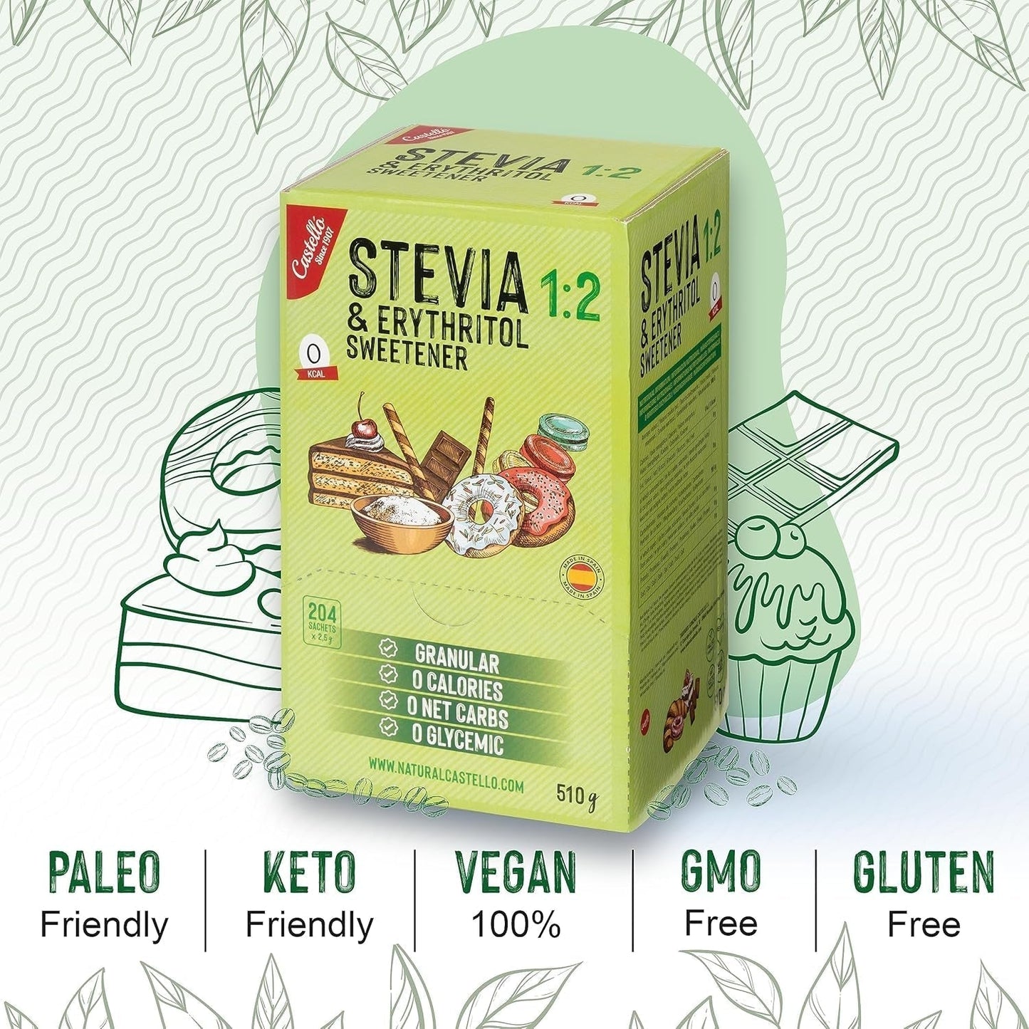 Stevia + Erythritol 1:2 Süßstoff | 204 Mythezak 2,5 G | 100% Natürlicher Zuckerersatz - 0 Kalorien - 0 Glykämischer Index - Keto en Paleo - 0 Kohlenhydrate - Kein GVO - Castello sinds 1907-510 G Zoetstoffen Naty Shop