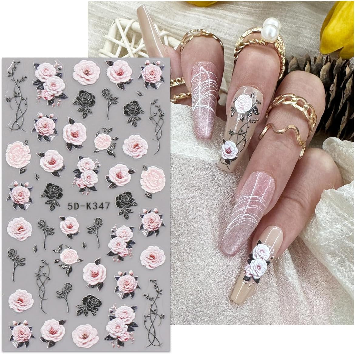 JMEOWIO 3D Nagelsticker Blumen Nail Art Sticker Selbstklebend Nagelaufkleber 5D Stereoskopisch Frühling Zomer Decoratie Nageldesign Zubehör 4 Blatt